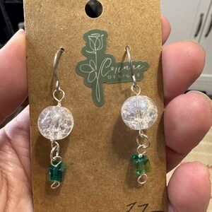 Green and Silver Crackled Bead Earrings